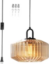 Modern Amber Glass Globe Pendant Light with 14.7 ft Cord and On/Off Switch - Plug in Hanging Lamp for Living Room