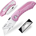 Pink Folding Utility Knife Box Cutter with Quick Change Blades, Safety Lock, Aluminum Clip, 5 Extra Blades