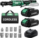 20V Cordless Ratchet Wrench Set with 74 Ft-lbs Torque, 400 RPM, Battery Powered, 7 Sockets, Extension Bar, Adapter, 2 Batteries, Fast Charger - KIMO 1/2" Electric Ratchet Wrench