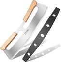 FENGCHEN 14-Inch Rocker Style Pizza Cutter Knife with Sharp Blade, Ideal for Chopping and Slicing Fruits, Salads, and Breads, Double Wooden Handles and Black Protective Case included