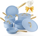 VONIKI Healthy Ceramic Cookware Set with Nonstick Cooking Pot - Non Toxic Kitchen Cookware with Utensils, Induction Compatible, Dishwasher & Oven Safe - Blue Color