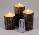 Flameless Battery Operated Candles with Pine Bark Effect Flickering 3D Wick LED Timer - 3 Pack for Home Decor & Festivals